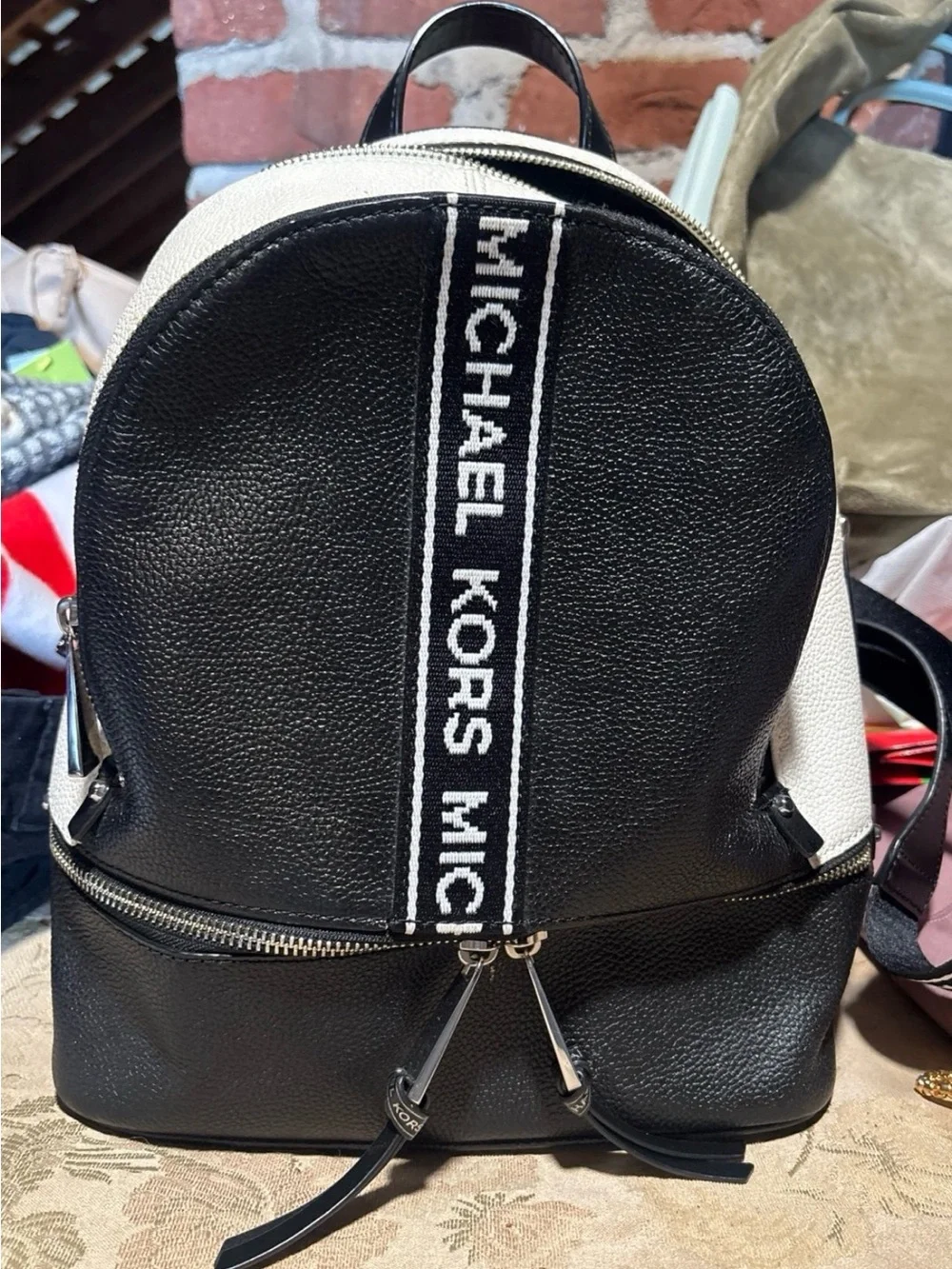 Michael Kors Black and White Logo-Strip Backpack